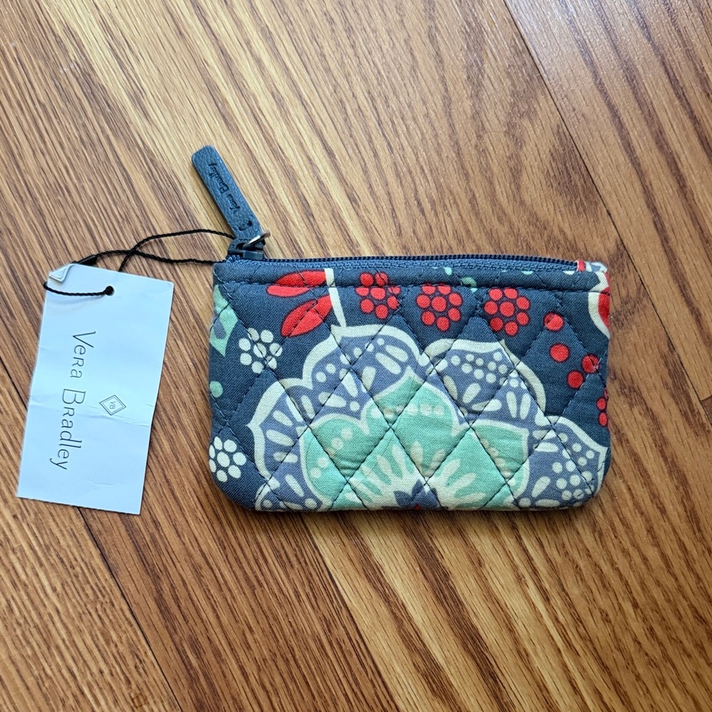 Vera Bradley Quilted Zip Card/coin Pouch - grey, Teal, orange, Cream